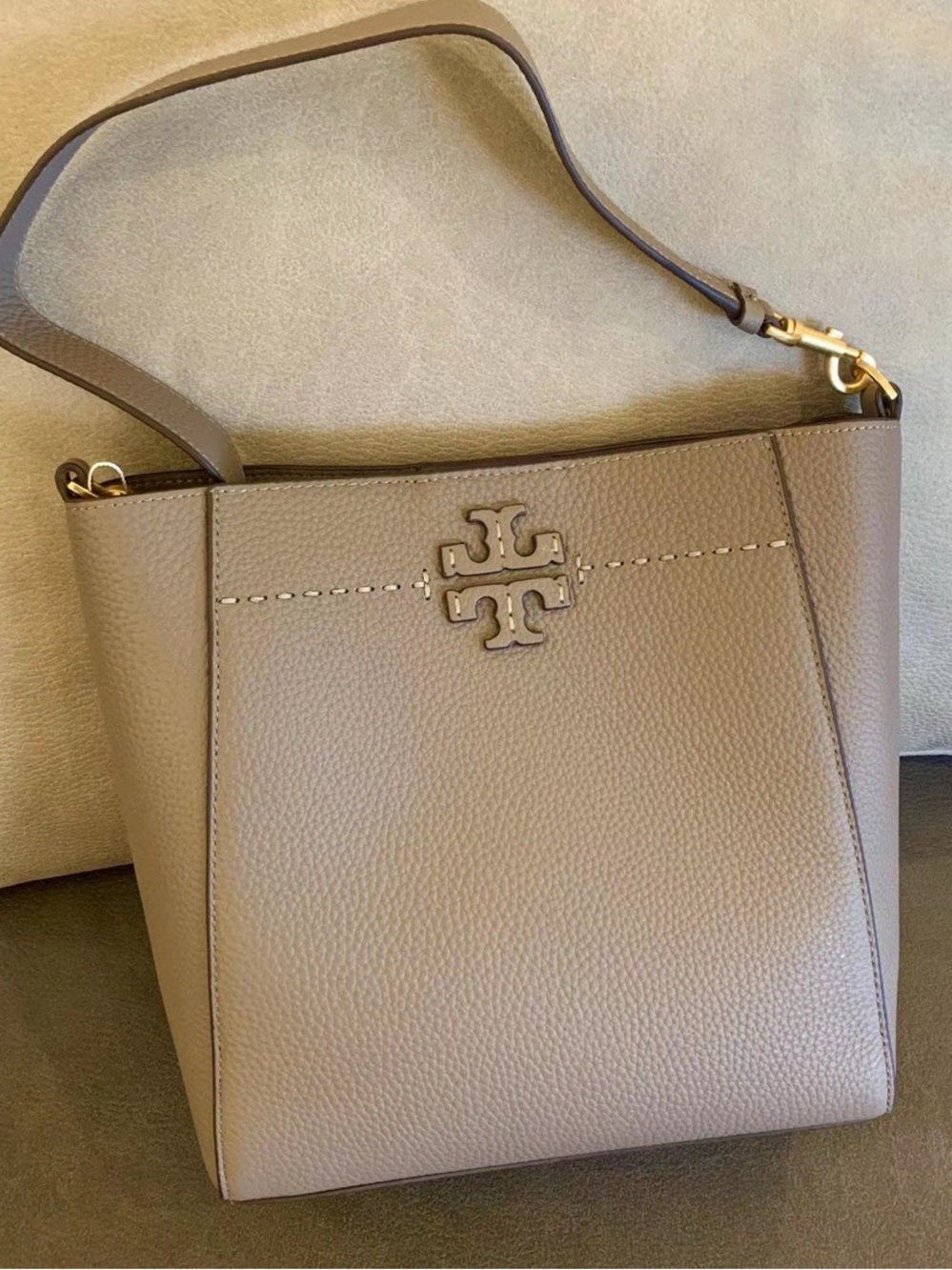 Tory Burch Pebbled Leather Taupe Crossbody with Logo
